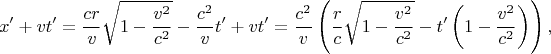 $$x'+vt'=\frac{cr}v\sqrt{1-\frac{v^2}{c^2}}-\frac{c^2}vt'+vt'=\frac{c^2}v\left(\frac rc\sqrt{1-\frac{v^2}{c^2}}-t'\left(1-\frac{v^2}{c^2}\right)\right),$$