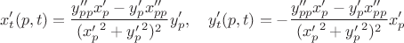 $$x'_{t}(p,t)=\dfrac{y''_{pp}x'_{p}-y'_{p}x''_{pp}}{({x'_{p}}^2+{y'_{p}}^2)^2}y'_{p},\quad y'_{t}(p,t)=-\dfrac{y''_{pp}x'_{p}-y'_{p}x''_{pp}}{({x'_{p}}^2+{y'_{p}}^2)^2}x'_{p}$$