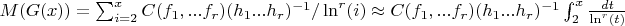 $M(G(x))=\sum_{i = 2}^{x}{C(f_1,...f_{r})(h_1...h_r)^{-1}/\ln^r(i)}\approx C(f_1,...f_{r})(h_1...h_r)^{-1}\int_{2}^{x} \frac{dt}{\ln^r(t)} $