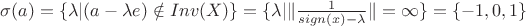 $\sigma (a)=\{\lambda | (a-\lambda e) \notin Inv(X)\}=\{\lambda | \|\frac{1}{sign (x)-\lambda}\|=\infty\}=\{-1,0,1\}$
