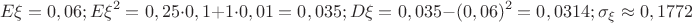 $$E\xi = 0,06; E\xi ^2=0,25\cdot 0,1+1\cdot 0,01=0,035; D\xi = 0,035-(0,06)^2=0,0314; \sigma _\xi \approx 0,1772$$
