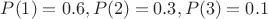$P(1)=0.6, P(2)=0.3, P(3)=0.1$