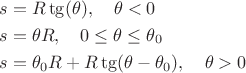 \begin{align*}
s&=R\tg(\theta),\quad\theta<0\\
s&=\theta R,\quad 0\le\theta\le\theta_0\\
s&=\theta_0 R+R\tg(\theta-\theta_0),\quad \theta>0\\
\end{align*}
