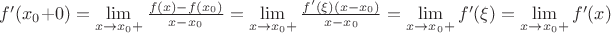 $f'(x_0+0)=\lim\limits_{x\to x_0+}\frac {f(x)-f(x_0)}{x-x_0}=\lim\limits_{x\to x_0+}\frac {f'(\xi)(x-x_0)}{x-x_0}=\lim\limits_{x\to x_0+}f'(\xi)=\lim\limits_{x\to x_0+}f'(x)$