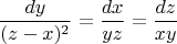 $${dy \over (z-x)^2} = {dx \over yz} = {dz \over xy}$$
