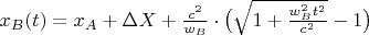 $x_B(t)=x_A+\Delta X+\frac{c^2}{w_B}\cdot\big(\sqrt{1+\frac{w_B^2t^2}{c^2}}-1\big)$