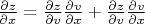 $\frac{\partial z}{\partial x}=\frac{\partial z}{\partial v}\frac{\partial v}{\partial x}+\frac{\partial z}{\partial v}\frac{\partial v}{\partial x}$