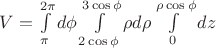 $V=\int\limits_{\pi}^{2\pi}d\phi\int\limits_{2\cos\phi}^{3\cos\phi}\rho d\rho \int\limits_{0}^{\rho\cos \phi}dz$