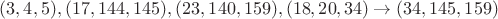 $(3,4,5),(17,144,145),(23,140,159),(18,20,34)\to (34,145,159)$