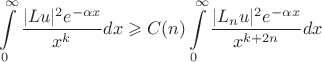 $$ \int \limits_0^{\infty} \frac{|Lu|^2e^{-\alpha x}}{x^k}dx \geqslant C(n) \int \limits_0^{\infty} \frac{|L_nu|^2e^{-\alpha x}}{x^{k+2n}}dx$$