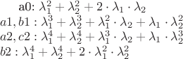 a0: \lambda_1^2+\lambda_2^2+2\cdot \lambda_1\cdot \lambda_2\\
a1,b1: \lambda_1^3+\lambda_2^3+\lambda_1^2\cdot \lambda_2+\lambda_1\cdot \lambda_2^2\\
a2,c2: \lambda_1^4+\lambda_2^4+\lambda_1^3\cdot \lambda_2+\lambda_1\cdot \lambda_2^3\\
b2: \lambda_1^4+\lambda_2^4+2\cdot \lambda_1^2\cdot \lambda_2^2