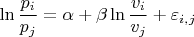 $$\ln{\frac{p_i}{p_j}} = \alpha + \beta \ln{\frac{v_i}{v_j}} + \varepsilon _{i,j}$$
