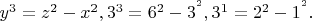 $\[{y^3} = {z^2} - {x^2}{,3^3} = {6^2} - {3^{^2}}{,3^1} = {2^2} - {1^{^2}}.\]$