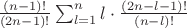 $\frac{(n-1)!}{(2n-1)!}\sum_{l=1}^{n}l\cdot\frac{(2n-l-1)!}{(n-l)!}$