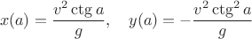 $$
x(a)=\frac{v^2\ctg a}{g},\quad y(a)=-\frac{v^2\ctg^2a}{g}
$$