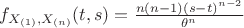 ${f_{{X_{(1)}},{X_{(n)}}}}(t,s) = \frac{{n(n - 1){{(s - t)}^{n - 2}}}}{{{\theta ^n}}}$ ${f_{{X_{(1)}},{X_{(n)}}}}(t,s) = \frac{{n(n - 1){{(s - t)}^{n - 2}}}}{{{\theta ^n}}}$