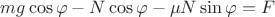 $mg \cos{\varphi} - N \cos{\varphi} - \mu N \sin{\varphi} = F$