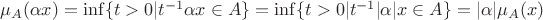 $\mu_A(\alpha x)=\inf \{t>0|t^{-1}\alpha x\in A\}=\inf \{t>0|t^{-1}|\alpha| x\in A\}=|\alpha|\mu_A(x)$