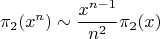 $$\pi_2(x^n)\sim\frac{x^{n-1}}{n^2}\pi_2(x)$$