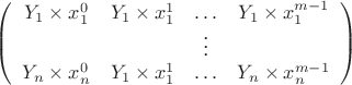 $
\left(\begin{array}{cccc}
Y_1 \times x_1^0 & Y_1 \times x_1^1 & \ldots & Y_1 \times x_1^{m-1}  \\
&&\vdots& \\
Y_n \times x_n^0 & Y_1 \times x_1^1 & \ldots & Y_n \times x_n^{m-1}
\end{array}\right)
$