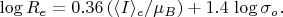 $$\log R_e = 0.36 \,(\langle I \rangle_e / \mu_B) + 1.4 \, \log \sigma_o.$$