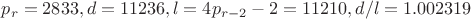 $p_r=2833, d=11236, l=4p_{r-2}-2=11210, d/l=1.002319$