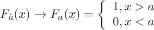 $$F_{\hat{a}} (x)  \to F_{a} (x) = \left\{
\begin{array}{rcl}
  1, x > a \\
 0, x < a \\
\end{array}
\right.$$