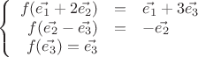 $$\left\{
\begin{array}{rcl}
 f(\vec{e_1}+2\vec{e_2})&=& \vec{e_1}+3\vec{e_3}\\
 f(\vec{e_2}-\vec{e_3})&=&-\vec{e_2} \\
f(\vec{e_3})=\vec{e_3}\\
\end{array}
\right.$$