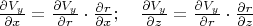 $\frac{\partial V_y}{\partial x}=\frac{\partial V_y}{\partial r}\cdot\frac{\partial r}{\partial x};\quad \frac{\partial V_y}{\partial z}=\frac{\partial V_y}{\partial r}\cdot\frac{\partial r}{\partial z}$