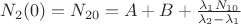 $N_{2}(0)=N_{20}=A+B+\frac{\lambda_{1}N_{10}}{\lambda_{2}-\lambda_{1}}$