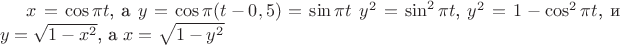 $x=\cos{\pi t}$, а $y=\cos{\pi (t-0,5)}=\sin{\pi t}$ $y^2=\sin^2{\pi t}$, $y^2=1-\cos^2{\pi t}$, и $y=\sqrt{1-x^2}$, а $x=\sqrt{1-y^2}$