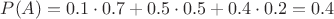 $P(A)=0.1 \cdot 0.7 +0.5 \cdot 0.5 +0.4 \cdot 0.2 =0.4$