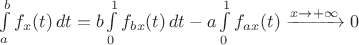 $\int\limits_a^b f_x(t)\,dt = b \int\limits_0^1 f_{bx}(t)\,dt - a \int\limits_0^1 f_{ax}(t) \xrightarrow{x \to +\infty} 0$