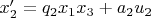 $x_2' = q_2 x_1 x_3 + a_2 u_2$