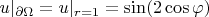 $u|_{\partial\Omega}=u|_{r=1}=\sin(2\cos \varphi)$