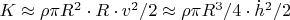 $K\approx\rho\pi R^2\cdot R\cdot v^2/2\approx \rho\pi R^3/4\cdot \dot{h}^2/2$