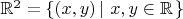 $\mathbb{R}^2 = \{ (x, y) \left |~x, y \in \mathbb{R} \right . \}$