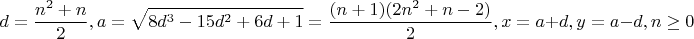 $$d=\frac{n^2+n}{2}, a=\sqrt{8d^3-15d^2+6d+1}=\frac{(n+1)(2n^2+n-2)}{2}, x=a+d, y=a-d, n\ge0$$