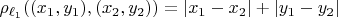 $\rho_{\ell_1}((x_1,y_1),(x_2,y_2))=|x_1-x_2|+|y_1-y_2|$