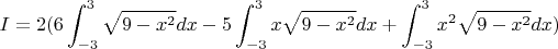 $$ I=2(6\int_{-3}^{3}{\sqrt{9-x^2}}dx-
5\int_{-3}^{3}x{\sqrt{9-x^2}}dx+\int_{-3}^{3}x^2{\sqrt{9-x^2}}dx) $$