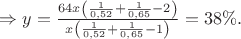 $\Rightarrow y=\frac{64x\left(\frac{1}{0,52}+\frac{1}{0,65}-2\right)}{x\left(\frac{1}{0,52}+\frac{1}{0,65}-1\right)}=38\%.$