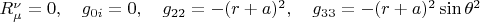 $R_{\mu}^{\nu}=0,\quad g_{0i}=0,\quad g_{22}=-(r+a)^2,\quad g_{33}=-(r+a)^2\sin{\theta}^2$