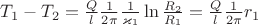 $T_1 - T_2 = \frac{Q}{l} \frac{1}{2 \pi} \frac{1}{\varkappa_1} \ln \frac{R_2}{R_1} = \frac{Q}{l} \frac{1}{2 \pi} r_1$ $T_1 - T_2 = \frac{Q}{l} \frac{1}{2 \pi} \frac{1}{\varkappa_1} \ln \frac{R_2}{R_1} = \frac{Q}{l} \frac{1}{2 \pi} r_1$