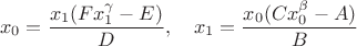 $$
x_0=\frac{x_1(Fx_1^\gamma-E)}{D},\quad x_1=\frac{x_0(Cx_0^\beta-A)}{B}
$$ $$
x_0=\frac{x_1(Fx_1^\gamma-E)}{D},\quad x_1=\frac{x_0(Cx_0^\beta-A)}{B}
$$
