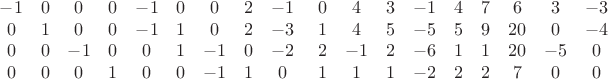 $$\begin{matrix}
-1 & 0 & 0 & 0 & -1 & 0 & 0 & 2 & -1\\
0 & 1 & 0 & 0 & -1 & 1 & 0 & 2 & -3\\
0 & 0 & -1 & 0 & 0 & 1 & -1 & 0 & -2\\
0 & 0 & 0 & 1 & 0 & 0 & -1 & 1 & 0
\end{matrix}\ \ \ \ \begin{matrix}
0 & 4 & 3 & -1 & 4 & 7 & 6 & 3 & -3\\
1 & 4 & 5 & -5 & 5 & 9 & 20 & 0 & -4\\
2 & -1 & 2 & -6 & 1 & 1 & 20 & -5 & 0\\
1 & 1 & 1 & -2 & 2 & 2 & 7 & 0 & 0
\end{matrix}$$