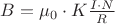 $B = \mu_0 \cdot K \frac{I \cdot N}{R}$