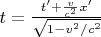 $ t = \frac{ t' + \frac{v}{c^2} x'}{\sqrt{1-v^2/c^2}}$