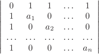 $\[\left| {\begin{array}{*{20}{c}}
  0&1&1& \ldots &1 \\ 
  1&{{a_1}}&0& \ldots &0 \\ 
  1&0&{{a_2}}& \ldots &0 \\ 
   \ldots & \ldots & \ldots & \ldots & \ldots  \\ 
  1&0&0& \ldots &{{a_n}} 
\end{array}} \right|\,\]$