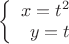 $\left\{
\begin{array}{rcl}
 x=t^2\\
 y=t \\
\end{array}
\right.$