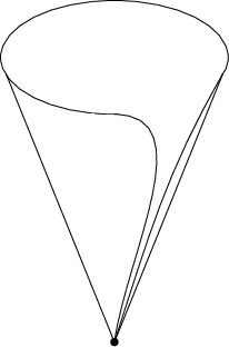 \begin{tikzpicture}
\draw[line width=2] (0,0) circle (1pt);
\begin{scope}
\clip (0,4)--(1.9,4.7)--(2.1,4.7)--(2.1,6.1)--(-2.1,6.1)--(-2.1,4.1)--cycle;
\draw (0,5) ellipse (2 and 1);
\end{scope}
\draw (0,4) to[out=0,in=82] (0, 0);
\draw (1.9,4.7) to[out=240,in=72] (0, 0);
\draw (0,0)--(1.9,4.7);
\draw (0,0)--(-1.9,4.7);
\end{tikzpicture}